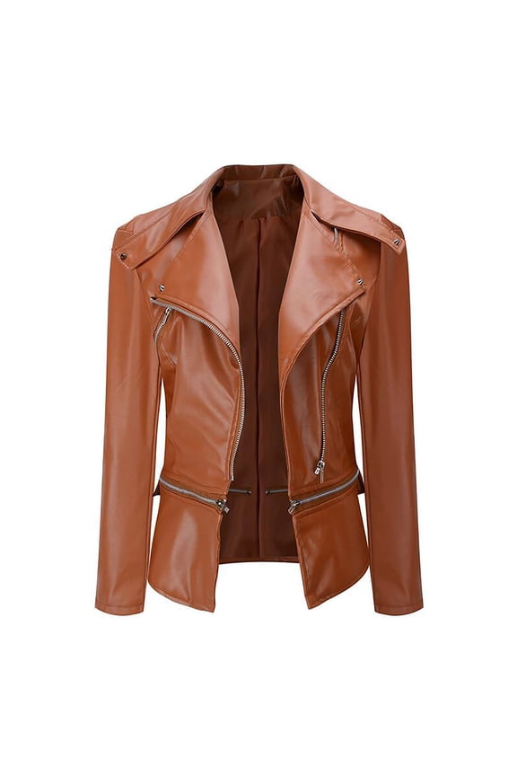 Coats Clearance Women Cool Faux Leather Jacket Long Sleeve Zipper Fitted Coat Fall Short Jacket