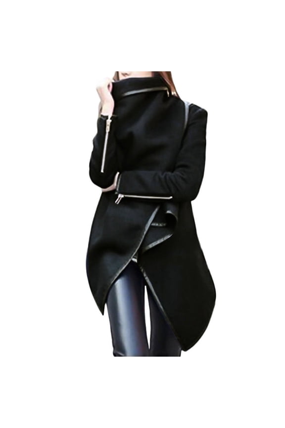 Coats Women irregular Bow Zippers Sleeve Long Warm Coat Wool Jacket Windbreaker