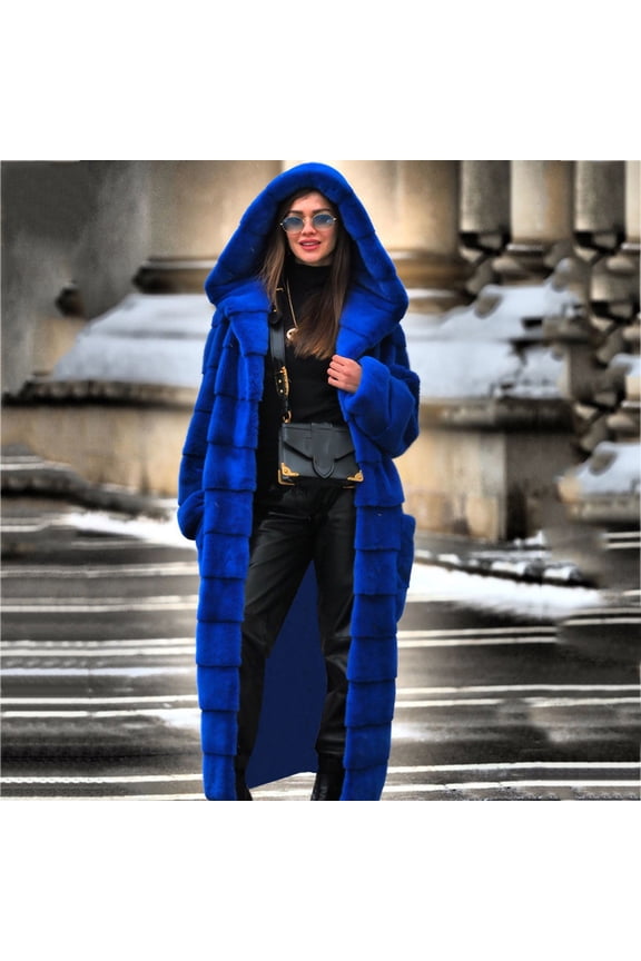 Coats Clearance Womens Faux-Fur Long Sleeve Waistcoat Body Solid Color Hooded Long Jacket Coat Outwear