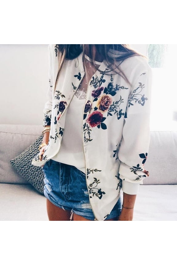 Coats Womens Ladies Casual O Neck Retro Floral Zipper Up Jacket Casual Coat Outwear
