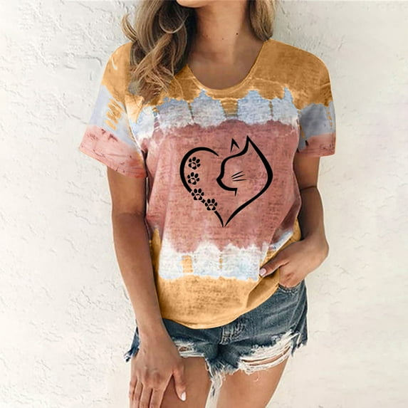 Tejiojio Essentials Short Sleeve Lady's Summer T-Shirt Fashion Women Summer Funny Gradient Print Regular Women Short Sleeves Top