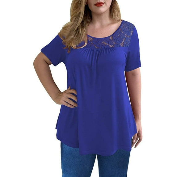 Tejiojio Essentials Short Sleeve Lady's Summer T-Shirt Fashion Womens Plus Size Lace Pachwork O-Neck Casual Tops Blouse