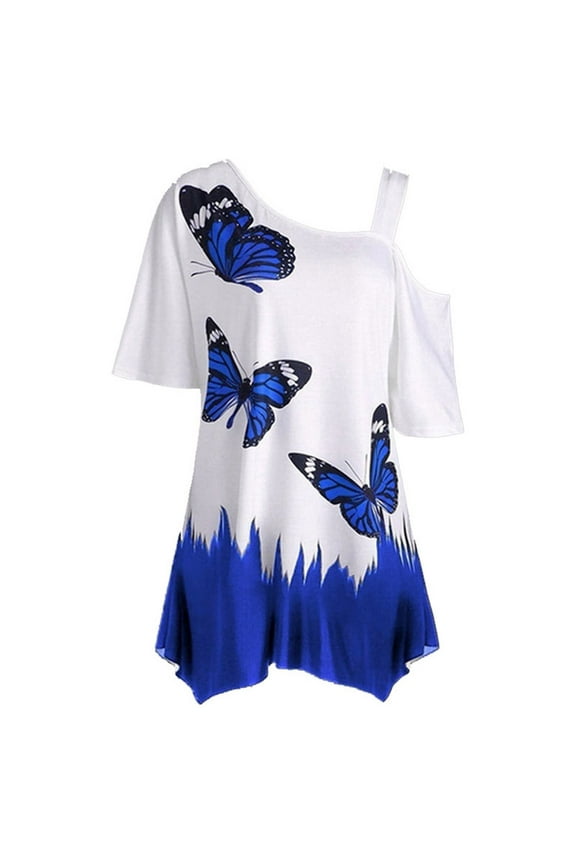 Essentials Short Sleeve Lady's Summer T-Shirt Women Cold Shoulder Butterfly Print Plus-Size Shirt Blouse Tops