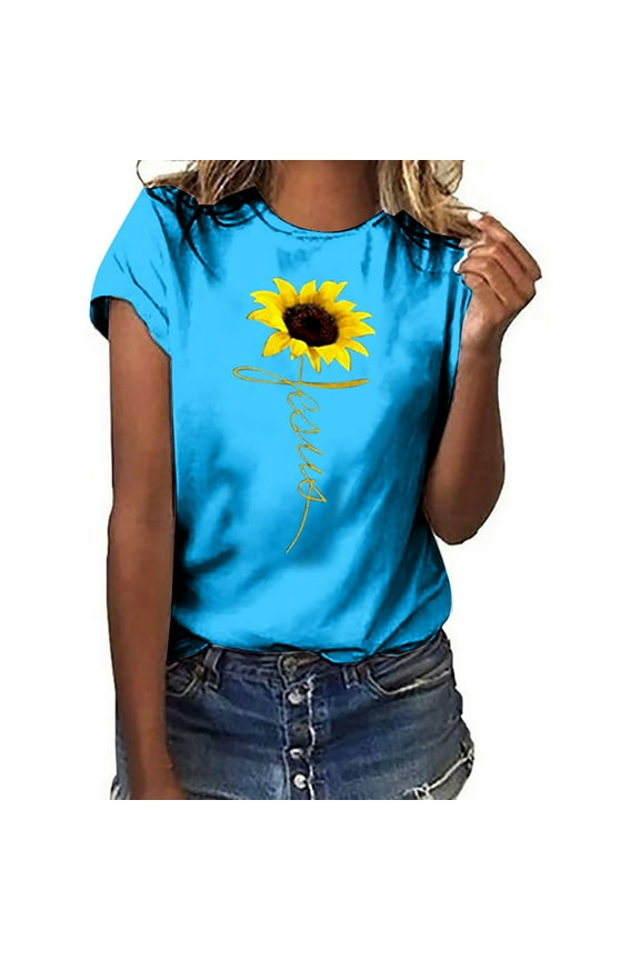 Essentials Short Sleeve Lady's Summer T-Shirt Women Girls Plus Size Sunflower Print Tees T Shirt Blouse Tops