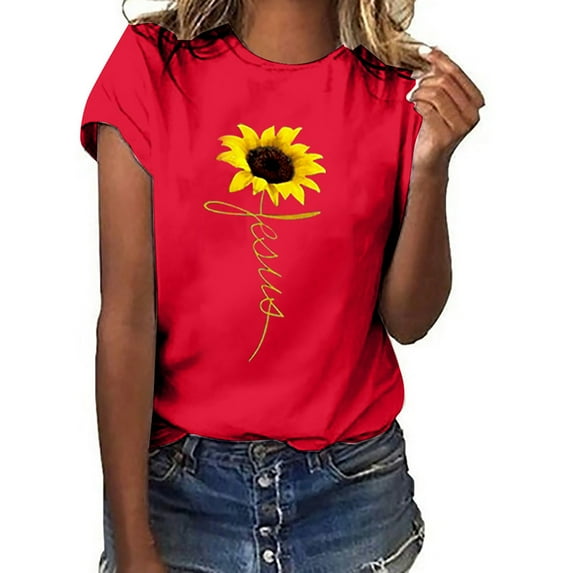 Tejiojio Essentials Short Sleeve Lady's Summer T-Shirt Women Girls Plus Size Sunflower Print Tees T Shirt Blouse Tops
