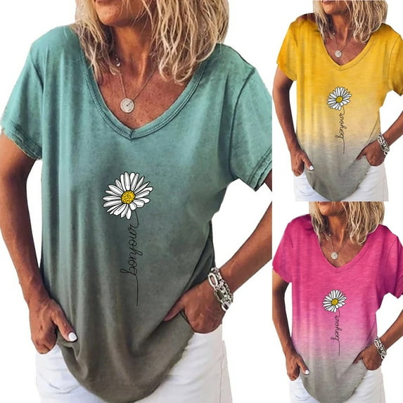Tejiojio Essentials Short Sleeve Clearance Lady's Summer T-Shirt Womens Casual V-Neck Fading Color Blouse Tops Plus Size