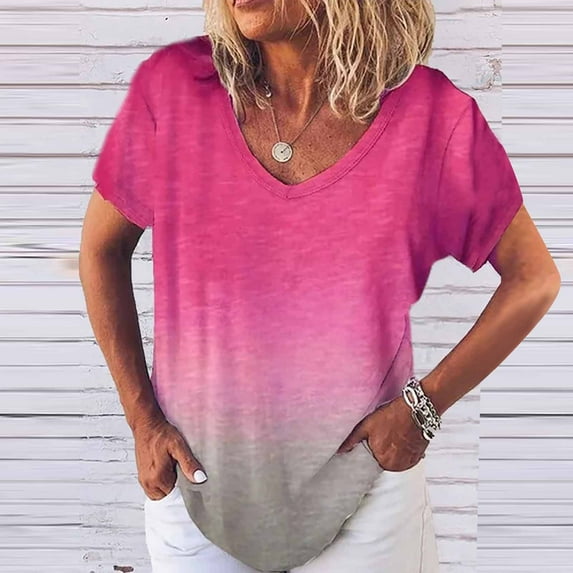 Tejiojio Essentials Short Sleeve Clearance Lady's Summer T-Shirt Womens Casual V-Neck Fading Color Blouse Tops Plus Size