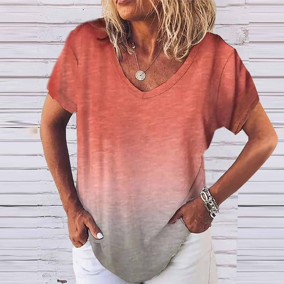 Tejiojio Essentials Short Sleeve Clearance Lady's Summer T-Shirt Womens Casual V-Neck Fading Color Blouse Tops Plus Size
