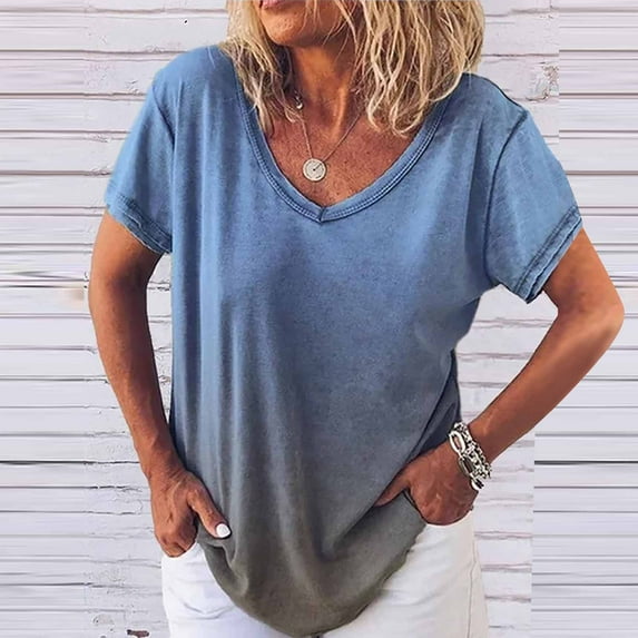Tejiojio Essentials Short Sleeve Clearance Lady's Summer T-Shirt Womens Casual V-Neck Fading Color Blouse Tops Plus Size