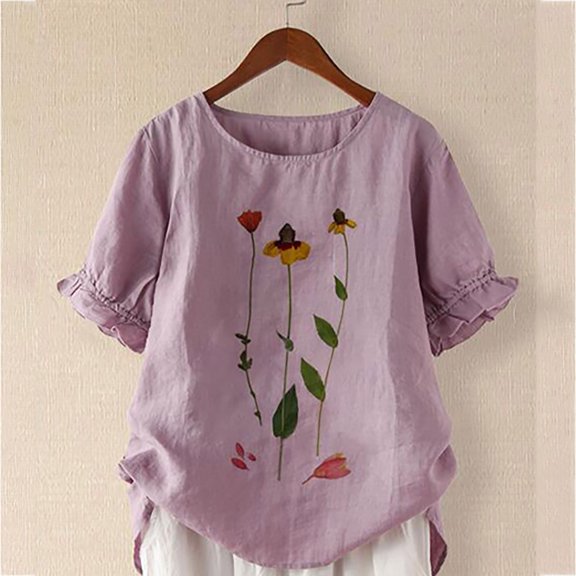 Tejiojio Essentials Short Sleeve Lady's Summer T-Shirt Womens Plus Size O-Neck Print Buttons Cotton Linen Vintage Tops