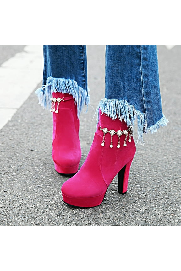 Fall Clearance Autumn And Winter Plus Size Ladies Knight Boots Metal Chain Tassel Water Platform Super High Heel Side Zipper Ankle Boots