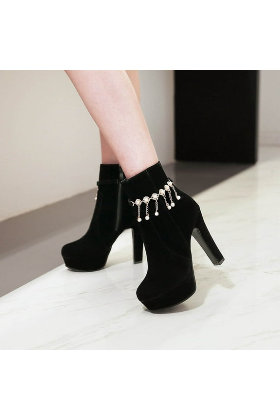 Fall Clearance Autumn And Winter Plus Size Ladies Knight Boots Metal Chain Tassel Water Platform Super High Heel Side Zipper Ankle Boots