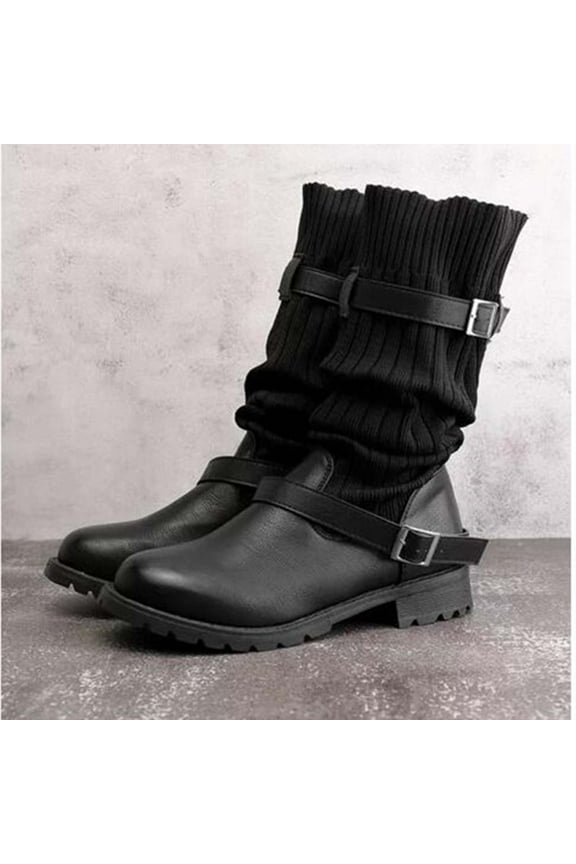 Fall Clearance Autumn Winter Women Square Heel Low Heel Mid Tube Belt Buckle Sock Boots