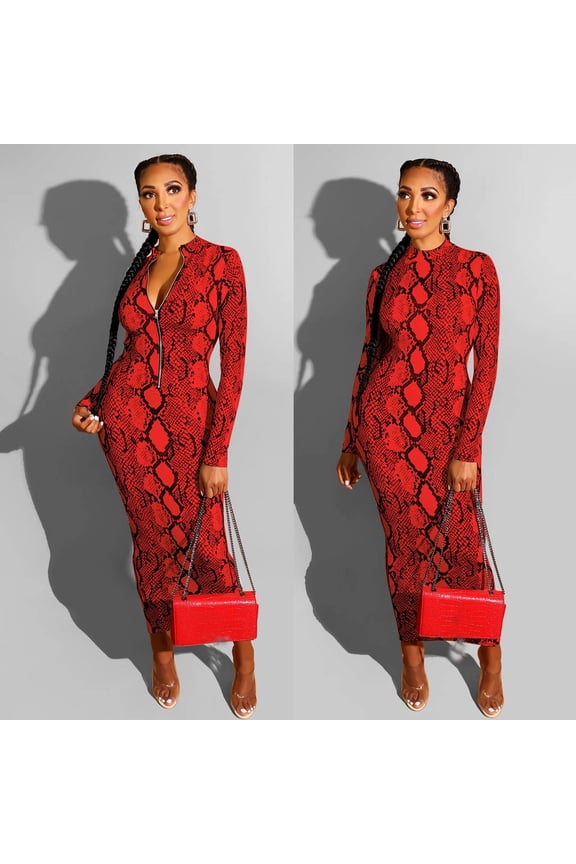 Fall Fashion Women Long Sleeve Snake Print Zipper Wear On Both Sides Bodycon Dress