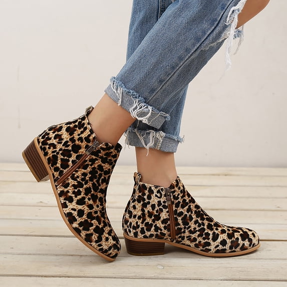 Tejiojio Fall Clearance Fashion Women Square Flat With Buckle Strap Leopard Mid Boot Keep Warm Snow Boots