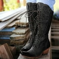 thumbnail image 1 of Tejiojio Fall Clearance Large Size Thick Heel Solid Color Stitched Square Toe Front Lace-up High Boots, 1 of 7