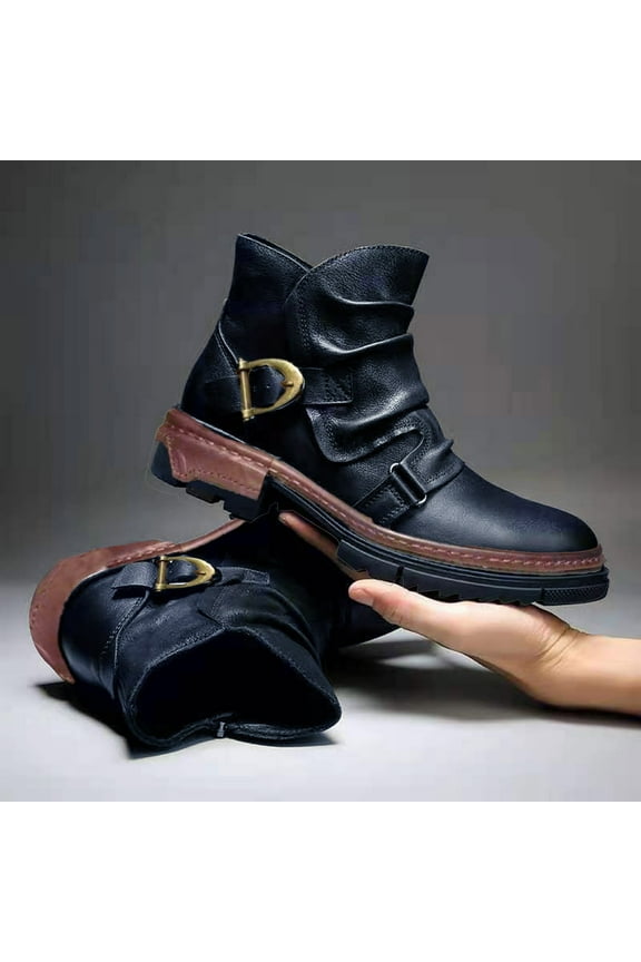 Fall Clearance Men's Winter Belt Buckle Side Zipper Square Heel High Top Solid Color Boots