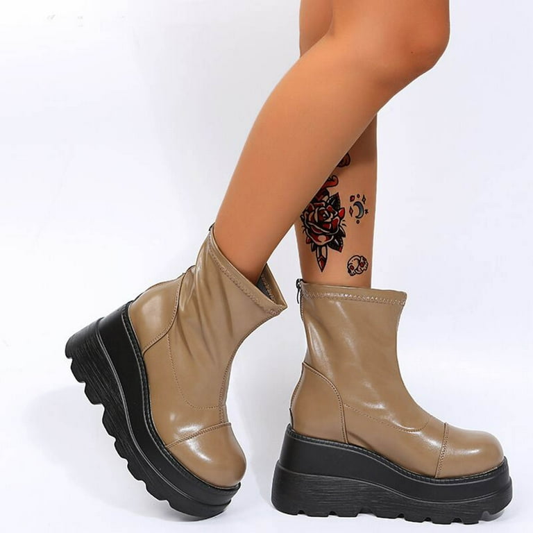 Leather slope cheap heel boots