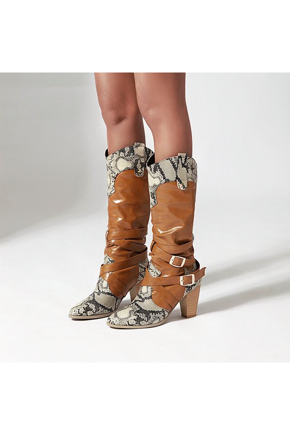 Fall Snake Print Color Block Belt Buckle Thick High-heeled Ladies High Boots