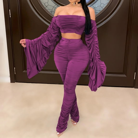 Tejiojio Fall Clearance Two-Piece Solid Women Off Shoulder Fold Shirring Short Top + Long Pants Set Suit