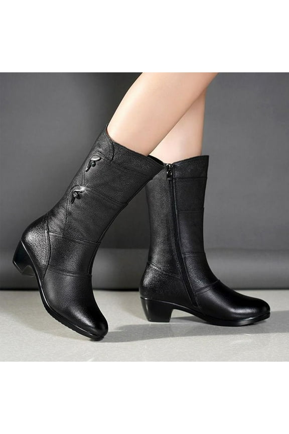 Fall Clearance Women Ankle Boots High Heel Casual Female Fashion Platform Wedge Heel Side Zip Mid-Calf Black Shoes