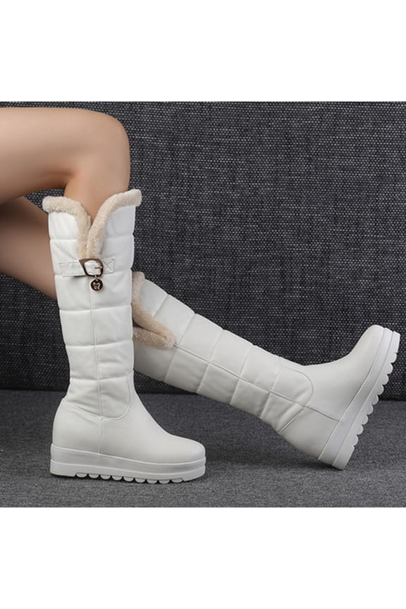Fall Clearance Women Boots Belt Buckle Thick Fleece Slip-on Platform Mid-heels Solid Color Winter Warm Knee High Snow Boots