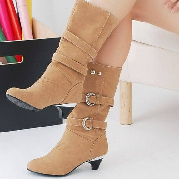 Tejiojio Fall Clearance Women Boots Winter Warm Mid Heel Fashion Slip-on Mid-calf Belt Buckle Casual Shoes
