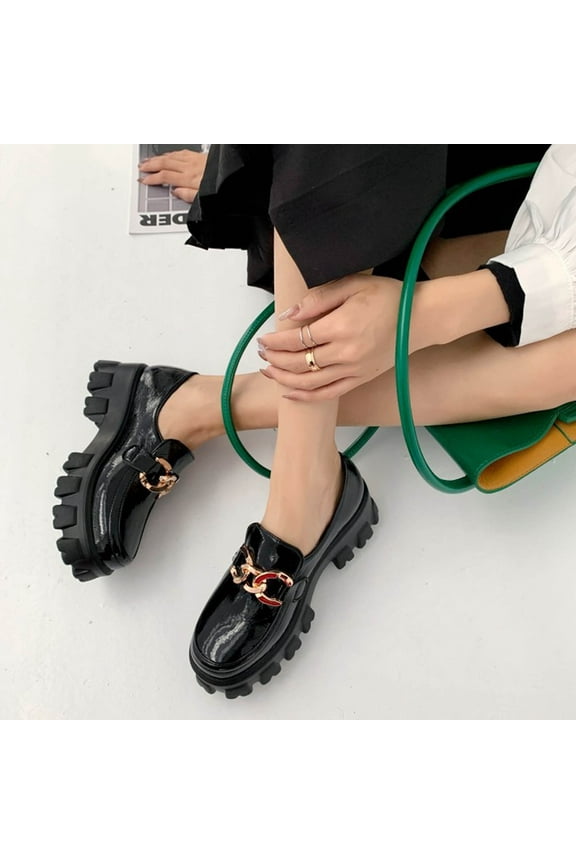 Fall Women Chunky Platform Ankle Boots For Women Glossy Leather Shoes Chain