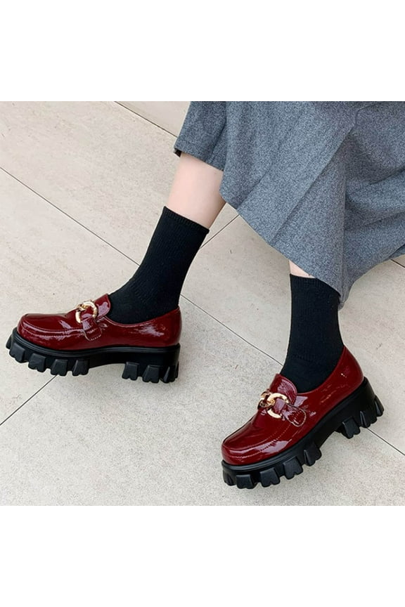 Fall Women Chunky Platform Ankle Boots For Women Glossy Leather Shoes Chain