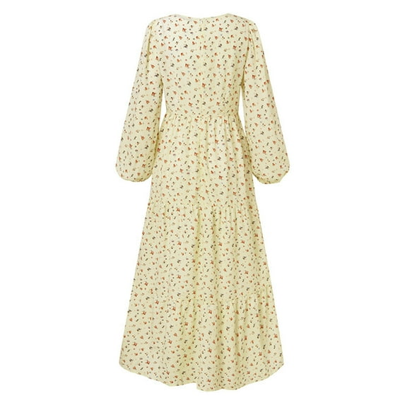 Tejiojio Fall Women Fashion Casual Chiffon Hedging V-neck Large Pendant Long Sleeve Floral Dress