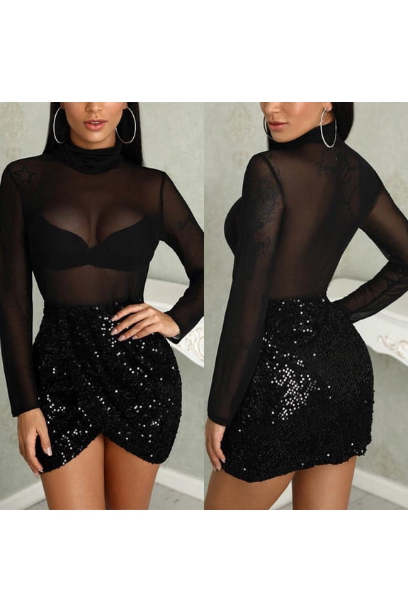 Fall Women Fashion Mesh Party Clubwear Sequins Mini Transparent Funny Turtleneck Dress