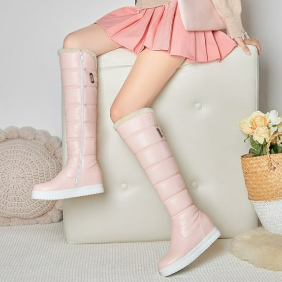 Tejiojio Fall Clearance Women Flat Heel Zip Shoes Winter Warm Leather Solid Color Knee-high Thick Cotton Boots