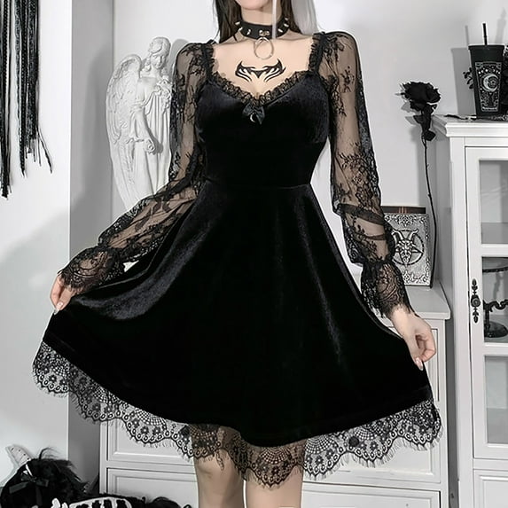 Tejiojio Fall Women Gothic Dress Long Sleeve Hollow Out Lace Patchwork Punk Evening Dress