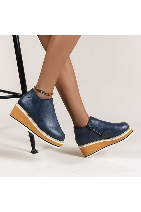 Fall Clearance Women Retro Flat Bottom Shoes Casual Boots Plus Size Slip On Double Zipper Shoes