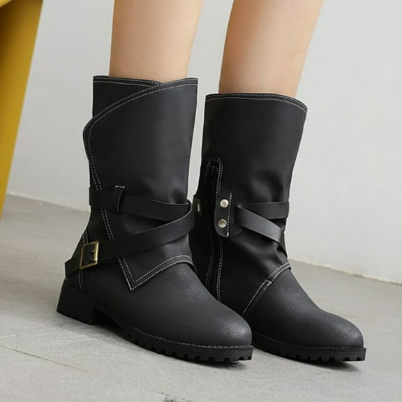 Tejiojio Fall Clearance Women Shoes Fashion Belt Buckle Solid Color Anti-skid Mid Heels Casual Warm Wear-resistant Slip-on Fleece Cowboy Boots