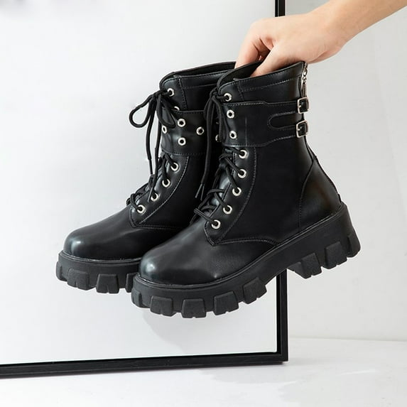 Tejiojio Fall Clearance Women Shoes Hasp Mid Heel Flat Bottom Zipper Laceing Fashion Buckle Leather Short Boots
