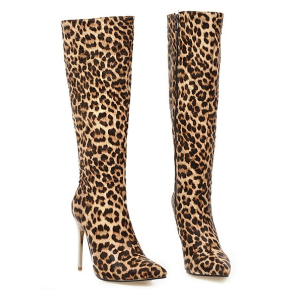 Tejiojio Fall Clearance Women Super High Heel Pointed Shoes Winter Leopard Print Snake Pattern Stilettos Knee-High Funny Boots