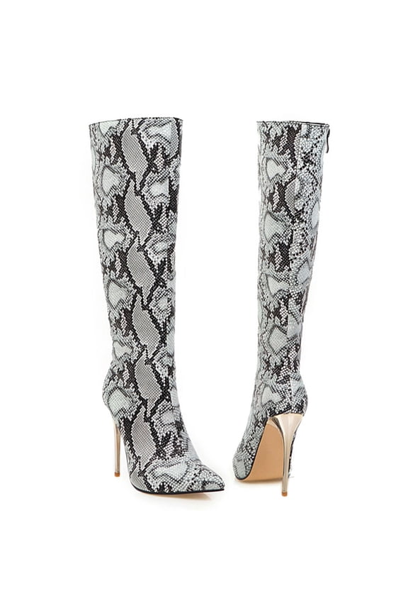 Fall Women Super High Heel Pointed Shoes Winter Leopard Print Snake Pattern Stilettos Knee-High Funny Boots