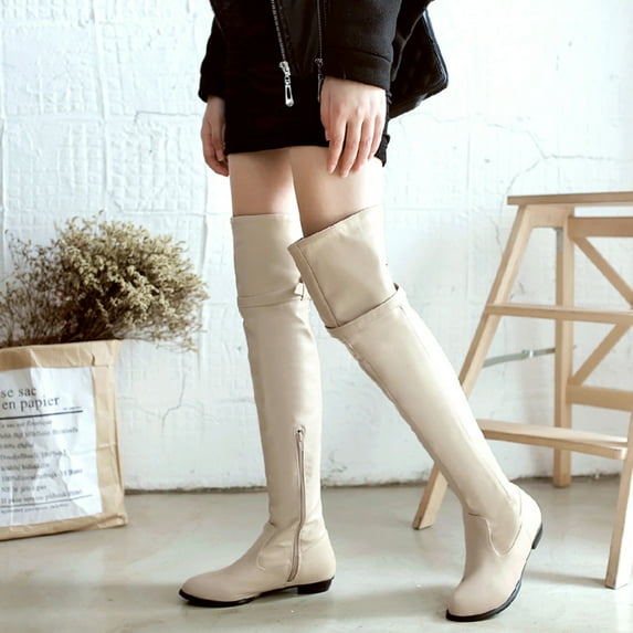 Tejiojio Fall Clearance Women's Boots Long Boots Knight Boots Round Head High Belt Buckle Flat Boots