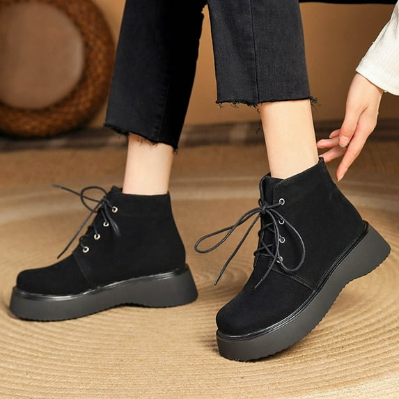 Tejiojio Fall Clearance Women's Boots Mid Heel Round Toe Boots Winter Warm Boots Women Boots Soild Retro Lace-up Shoes