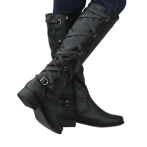 Tejiojio Fall Clearance Women's Boots Winter Cross Strap Long Snow Knee High Bootie Cowboy Warm Shoes