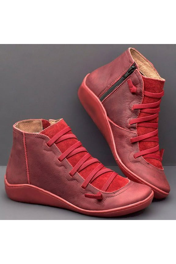 Fall Clearance Women's Casual Flat Leather Retro Lace-up Boots Side Zipper Round Toe Shoe Boots