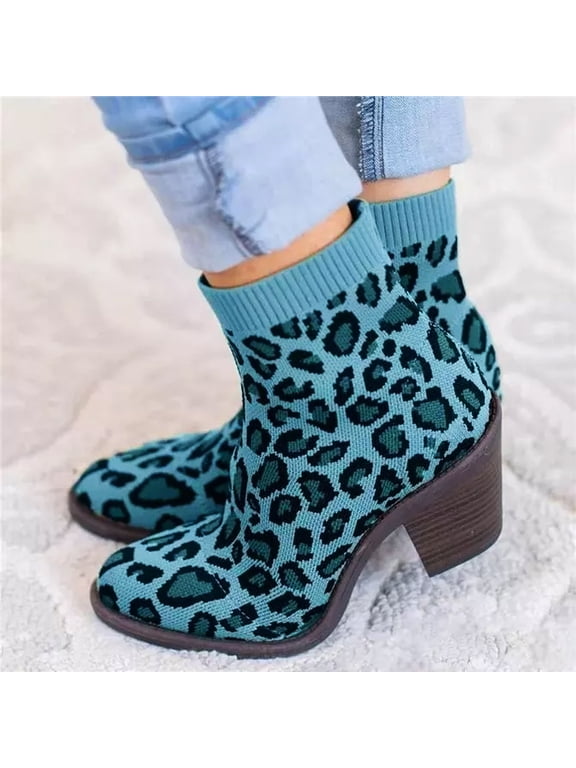 Fall Women's Chunky Heel Knitted Elastic Boots Children Leopard Print Shoes