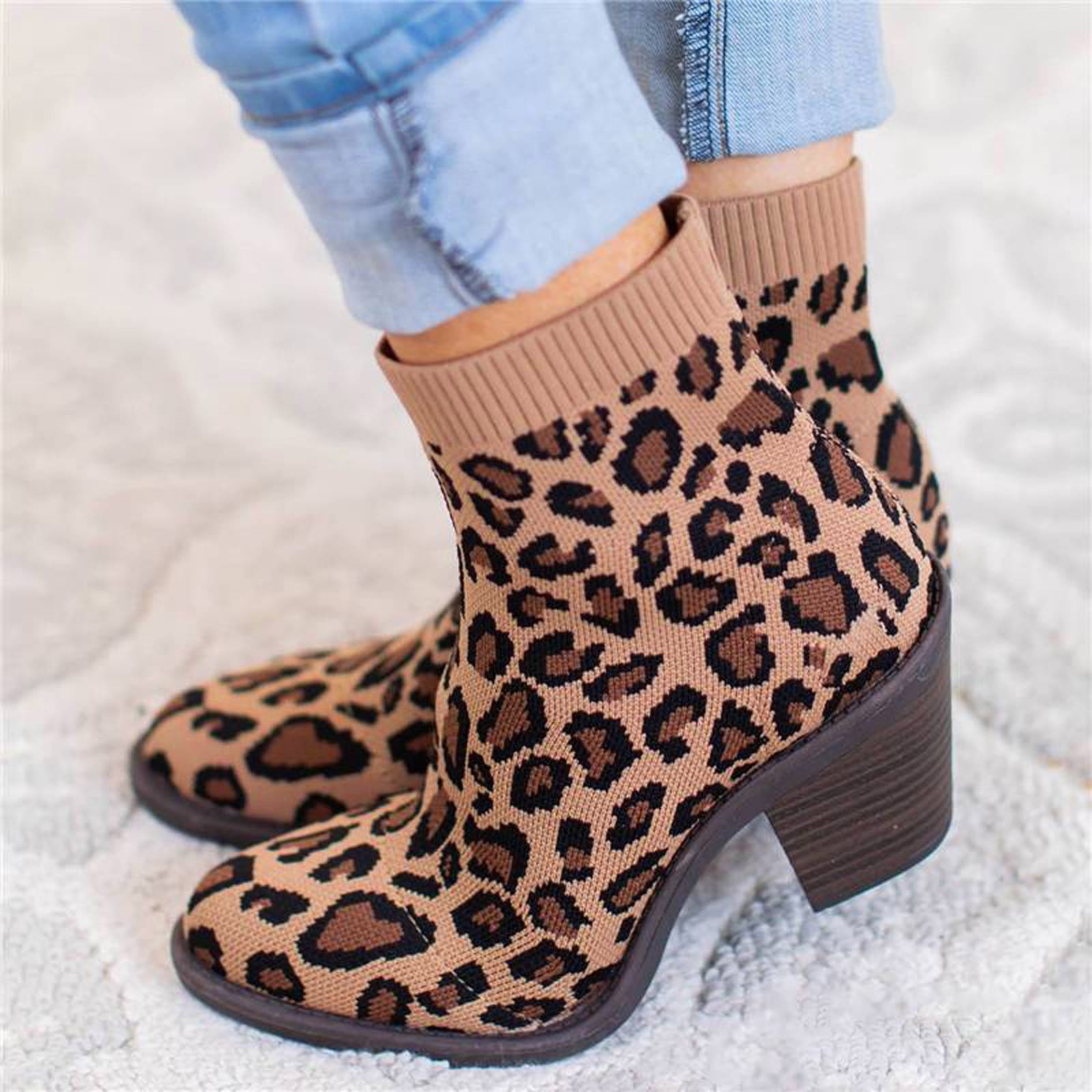 Tejiojio Fall Clearance Women's Chunky Heel Knitted Elastic Boots Children Leopard Print Shoes