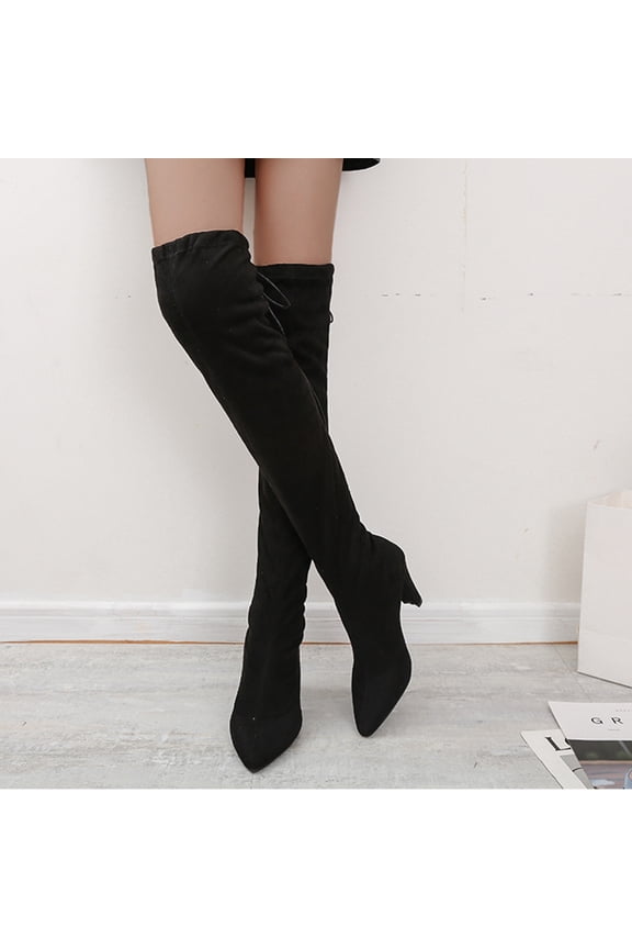 Fall Clearance Women's Fashion Casual Pointed Toe Long Knee High Boots Square Heels Shoes