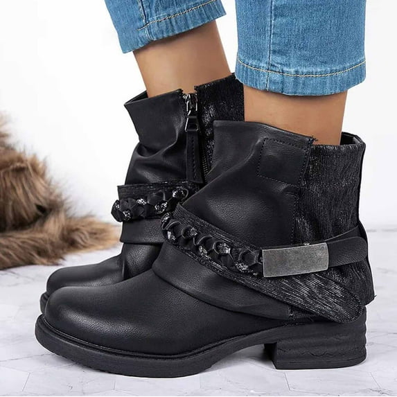 Tejiojio Fall Clearance Women‘s Fashion Metal Buckle Platform Low Boots Autumn Platform Leather Boots
