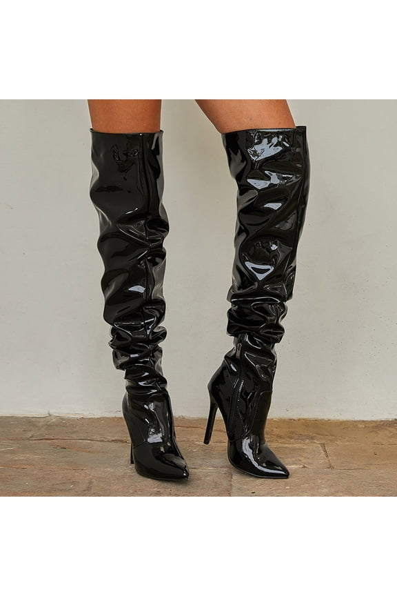Fall Women's Funny Nightclub Patent Leather Over The Knee Pleated Side Zipper High Heeled Boots