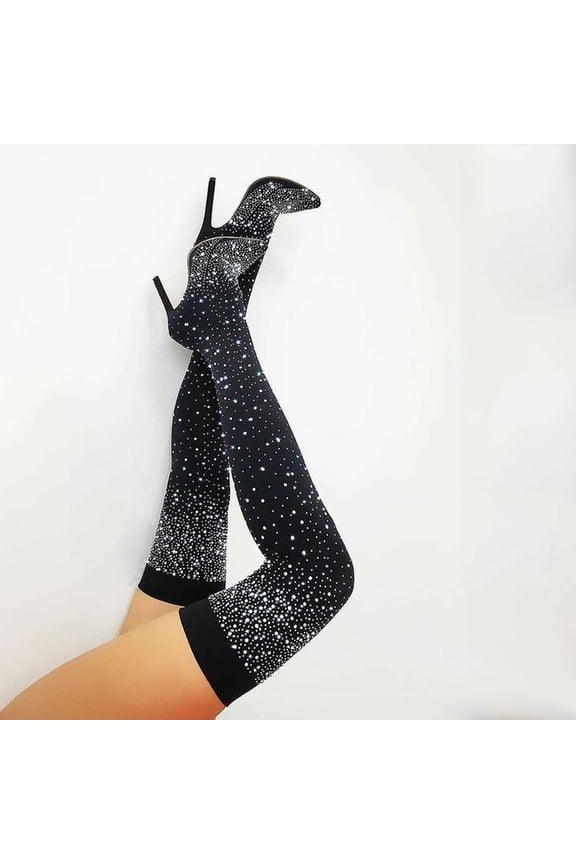 Fall Clearance Women's Funny Nightclub Rhinestone Stretch High Heel Over The Knee Stage Net Stockings Boots