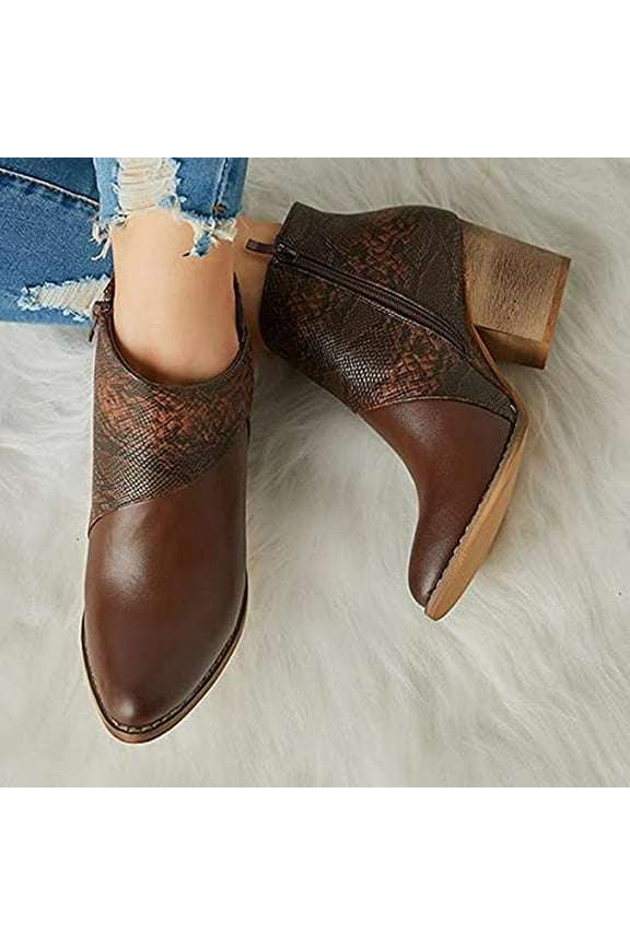 Fall Clearance Women's Leather Patchwork Thick Heel High Heel Zipper Pointed Snake Ankle Boots