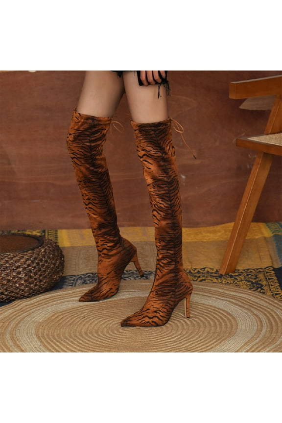 Fall Women's Shoes Laceing Pointed High Heels Leopard Fashion Resilience High Boots